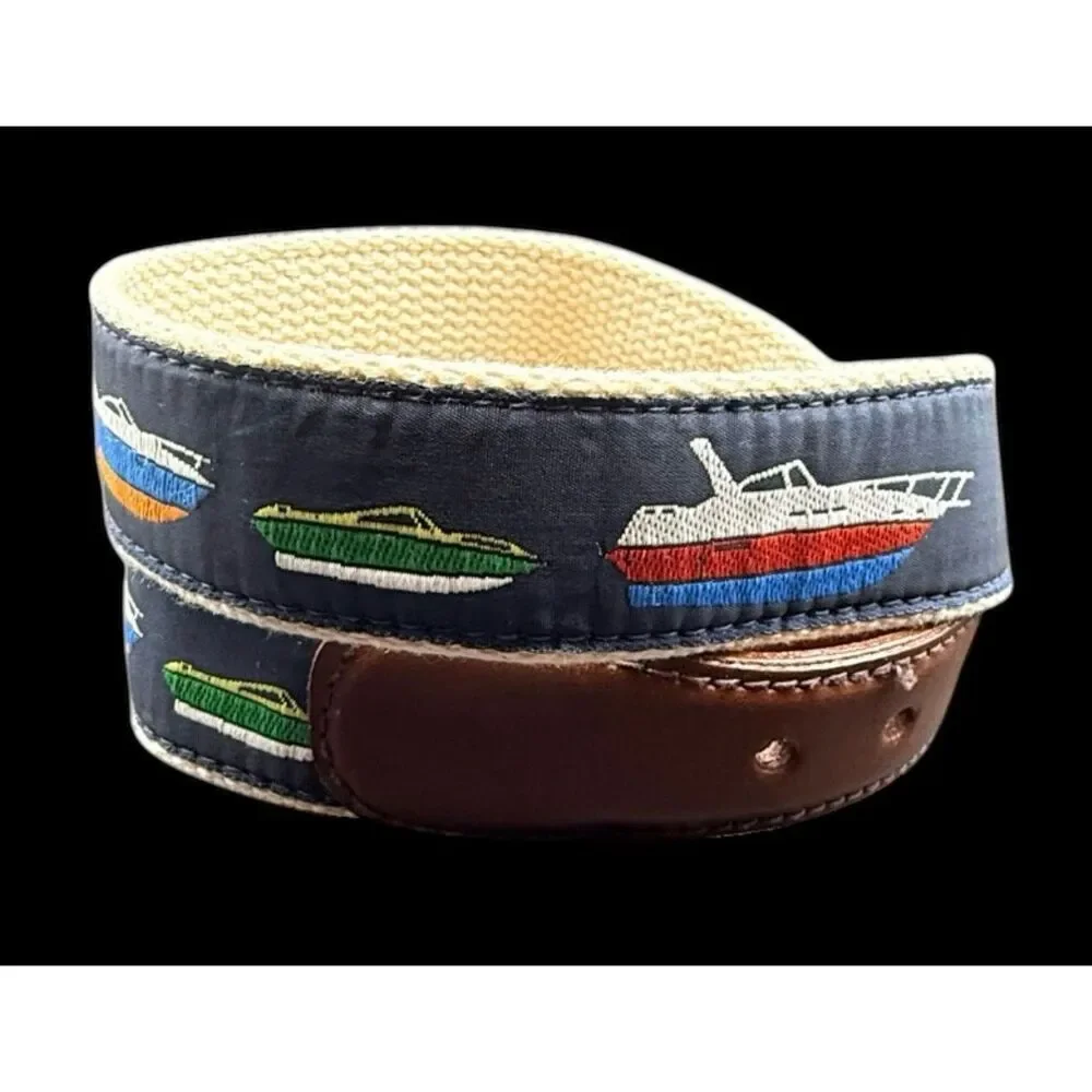 Canterbury Sz 32 Canvas Belt Blue Nautical Boats Leather Trim Solid Brass VTG